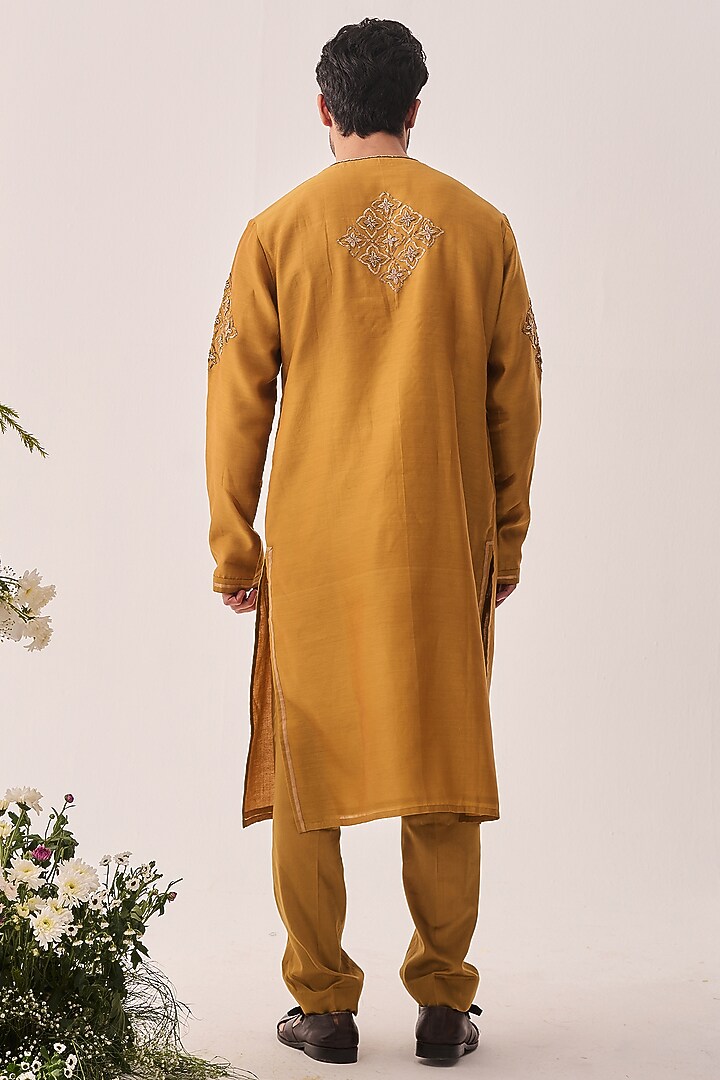 Dark Mustard Chanderi Hand Embroidered Handloom Kurta Set by Wabi Sabi Men at Pernia's Pop Up Shop
