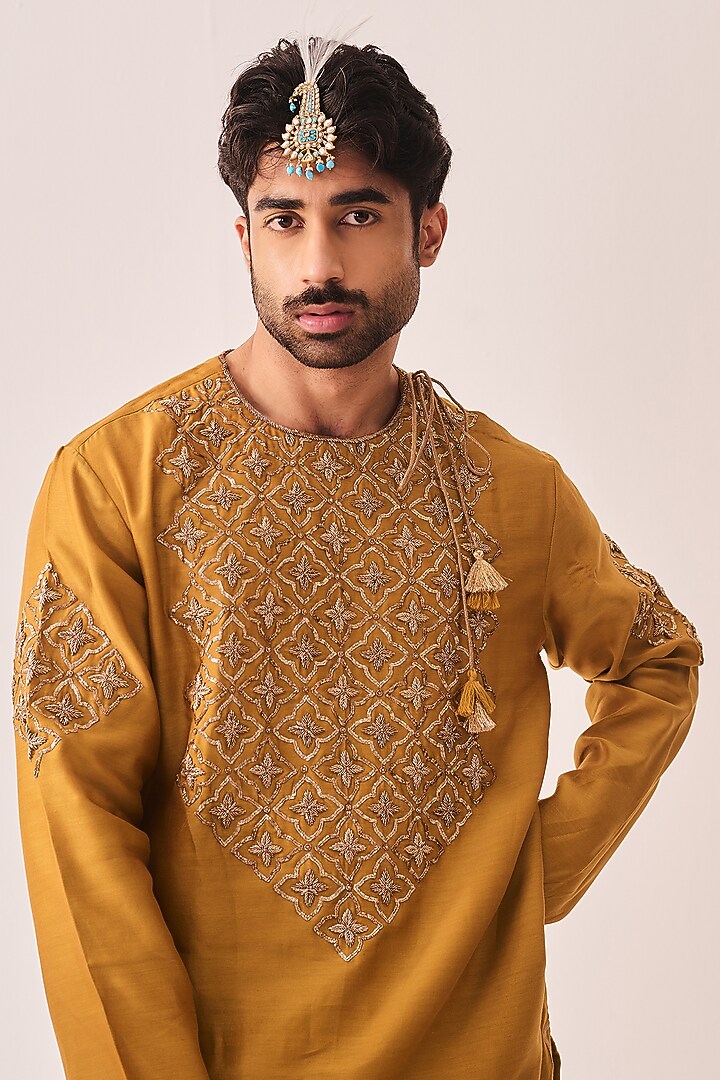 Dark Mustard Chanderi Hand Embroidered Handloom Kurta Set by Wabi Sabi Men at Pernia's Pop Up Shop