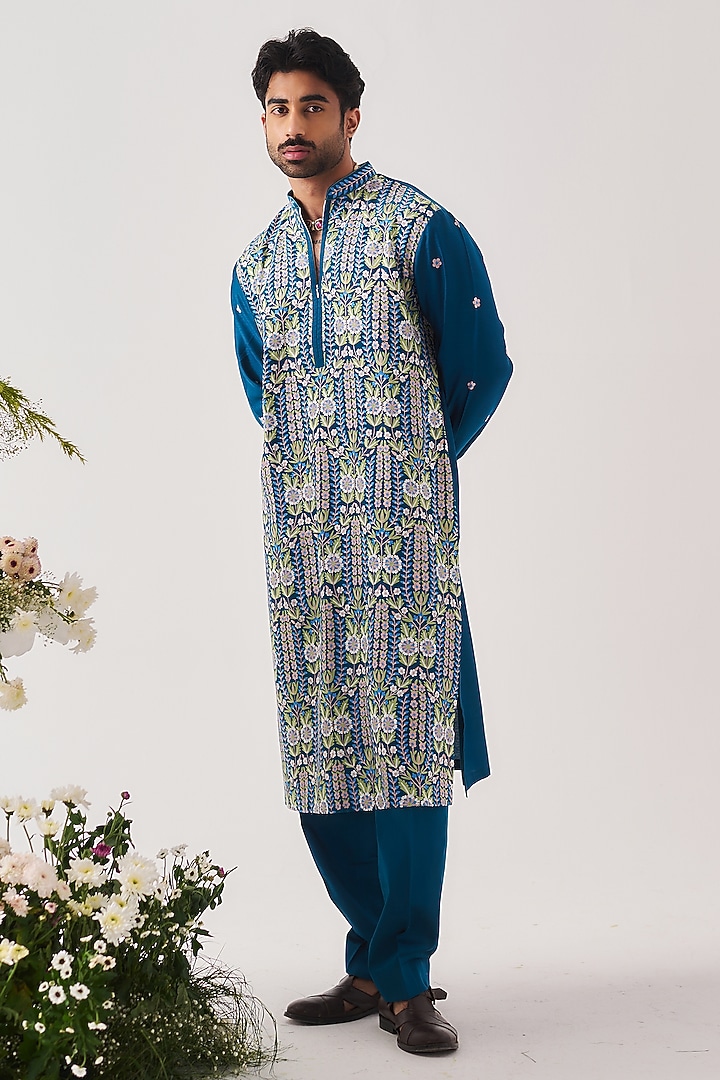 Teal Blue Chanderi Aari Embroidered Handloom Kurta Set by Wabi Sabi Men at Pernia's Pop Up Shop