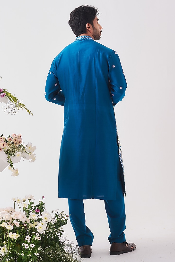 Teal Blue Chanderi Aari Embroidered Handloom Kurta Set by Wabi Sabi Men at Pernia's Pop Up Shop