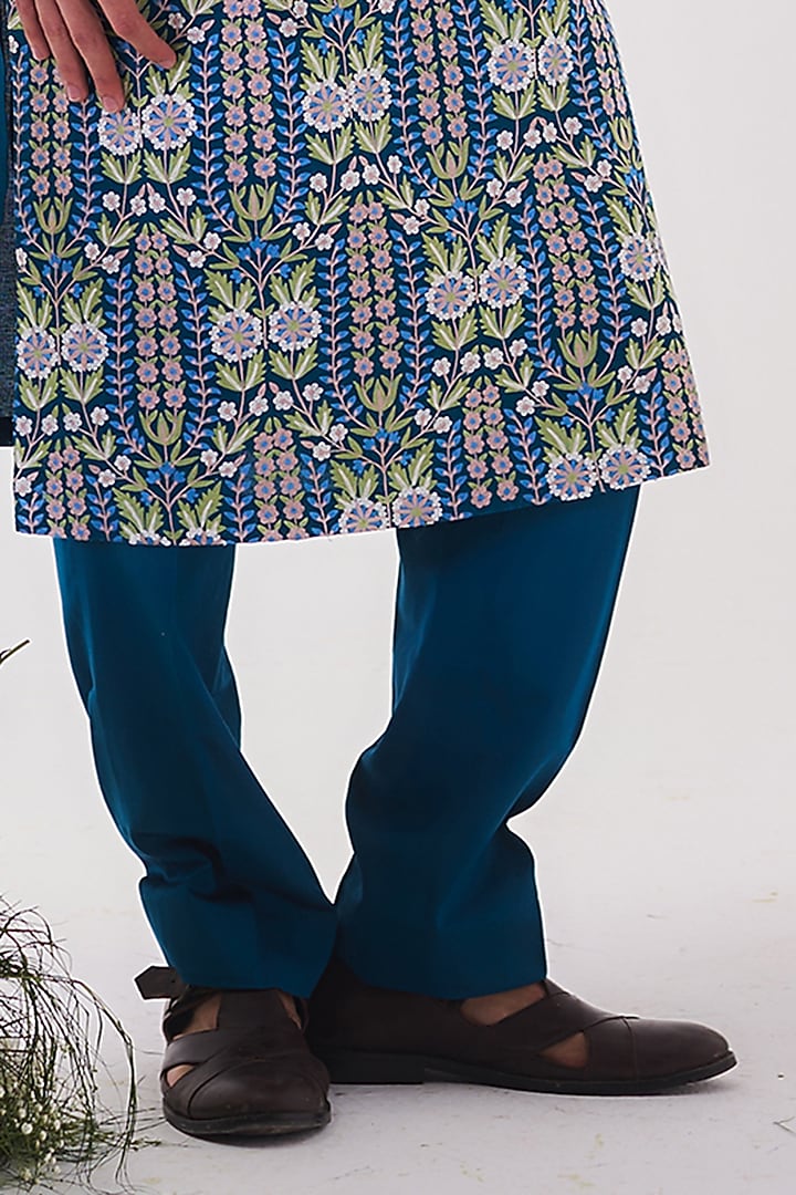 Teal Blue Chanderi Aari Embroidered Handloom Kurta Set by Wabi Sabi Men at Pernia's Pop Up Shop