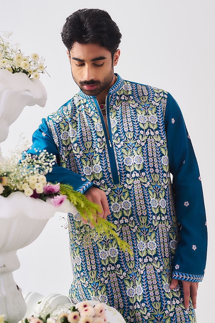 Teal Blue Chanderi Aari Embroidered Handloom Kurta Set by Wabi Sabi Men at Pernia's Pop Up Shop
