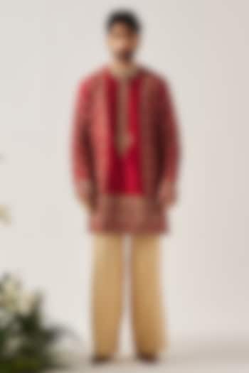 Deep Red Chanderi Dori Embroidered Handloom Kurta Set by Wabi Sabi Men at Pernia's Pop Up Shop