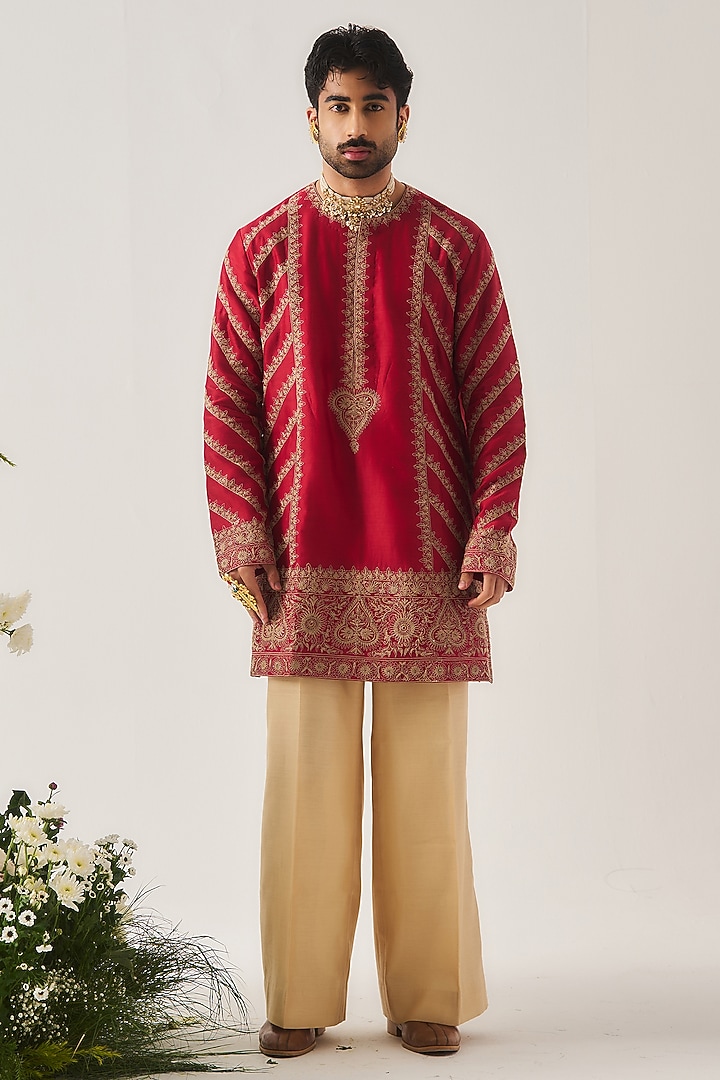 Deep Red Chanderi Dori Embroidered Handloom Kurta Set by Wabi Sabi Men at Pernia's Pop Up Shop