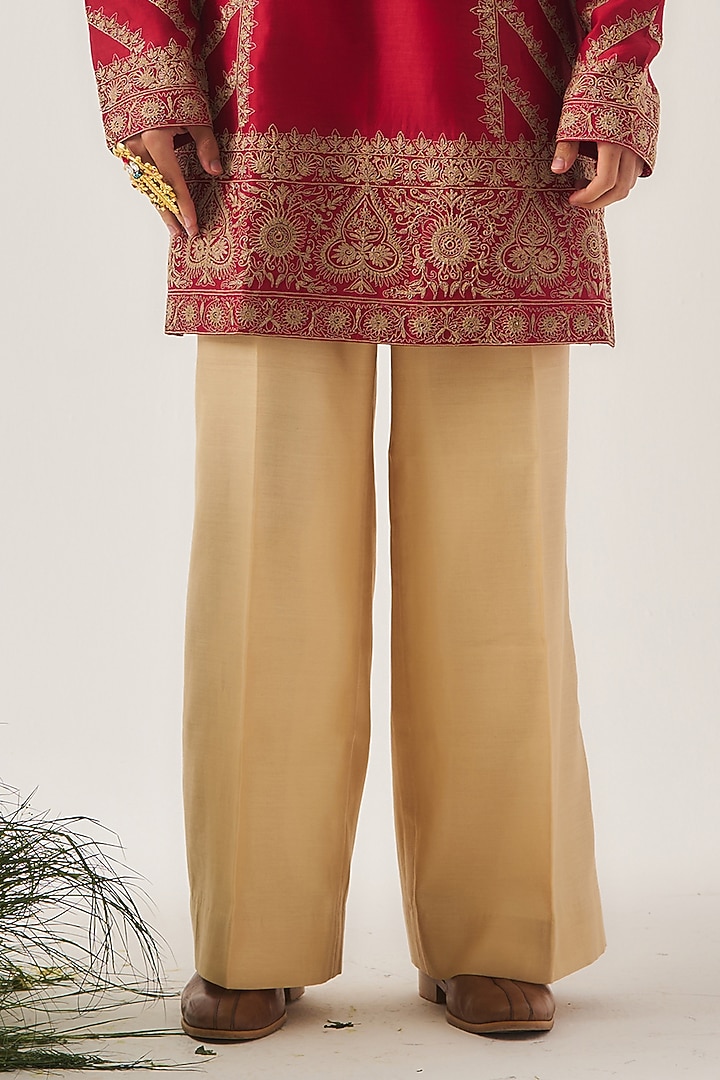 Deep Red Chanderi Dori Embroidered Handloom Kurta Set by Wabi Sabi Men at Pernia's Pop Up Shop