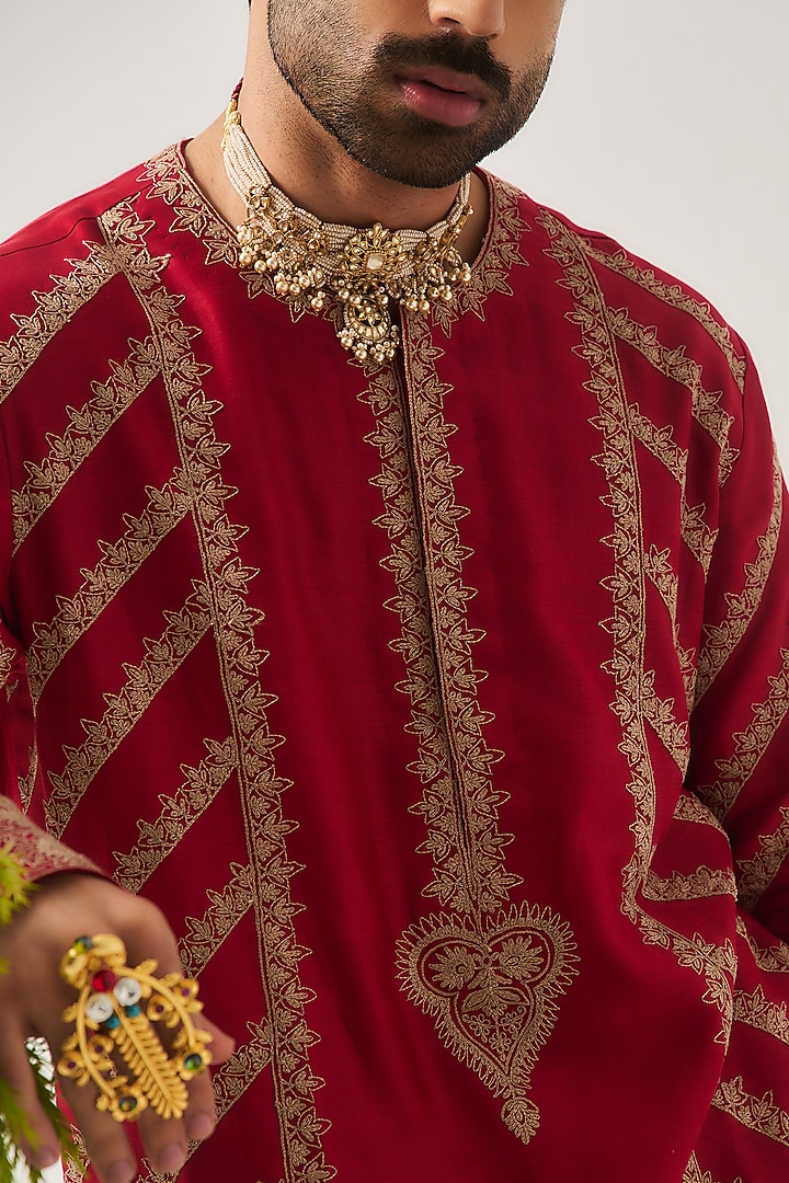 Deep Red Chanderi Dori Embroidered Handloom Kurta Set by Wabi Sabi Men at Pernia's Pop Up Shop