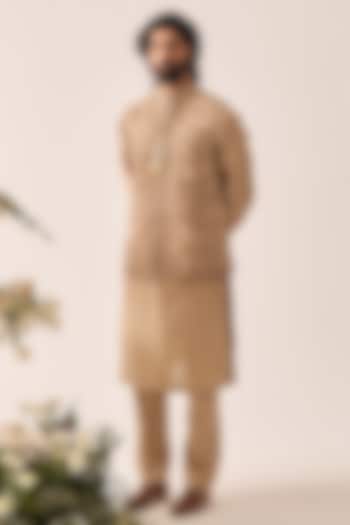 Dark Beige Chanderi Marodi Embroidered Bundi Jacket Set by Wabi Sabi Men at Pernia's Pop Up Shop