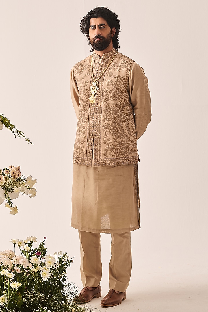 Dark Beige Chanderi Marodi Embroidered Bundi Jacket Set by Wabi Sabi Men at Pernia's Pop Up Shop
