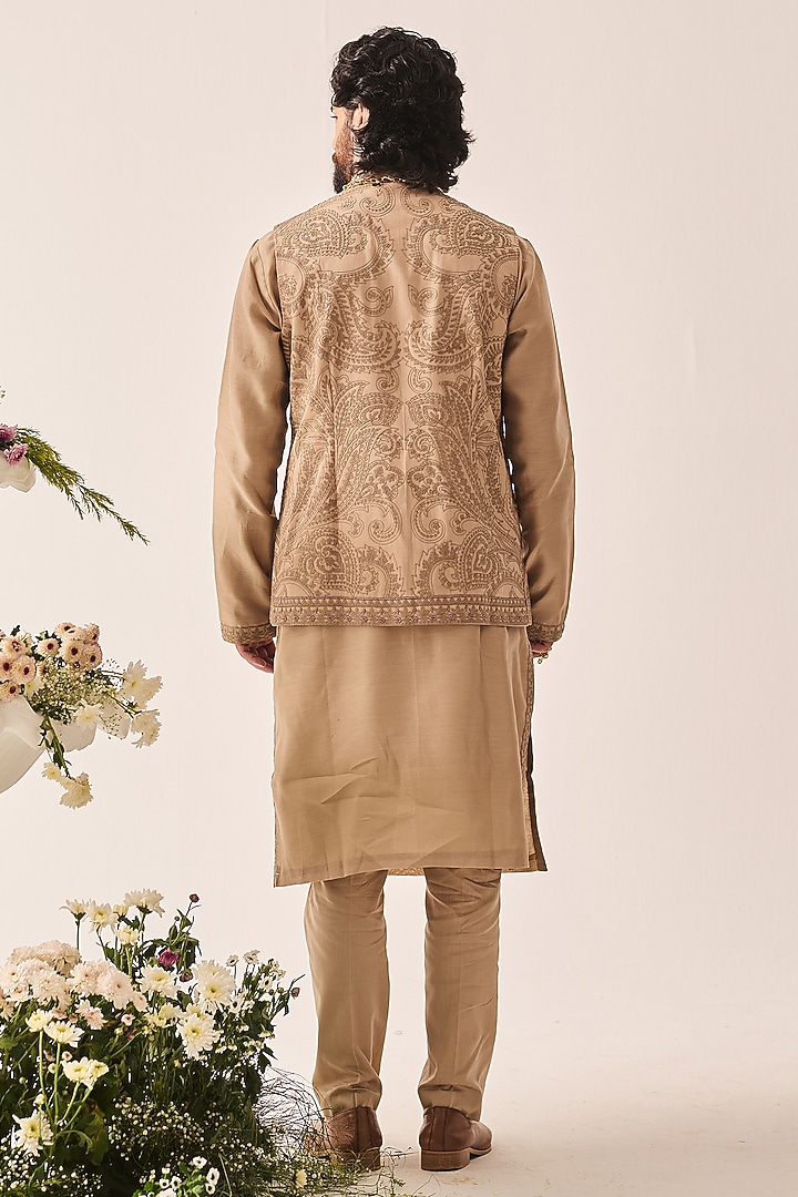 Dark Beige Chanderi Marodi Embroidered Bundi Jacket Set by Wabi Sabi Men at Pernia's Pop Up Shop