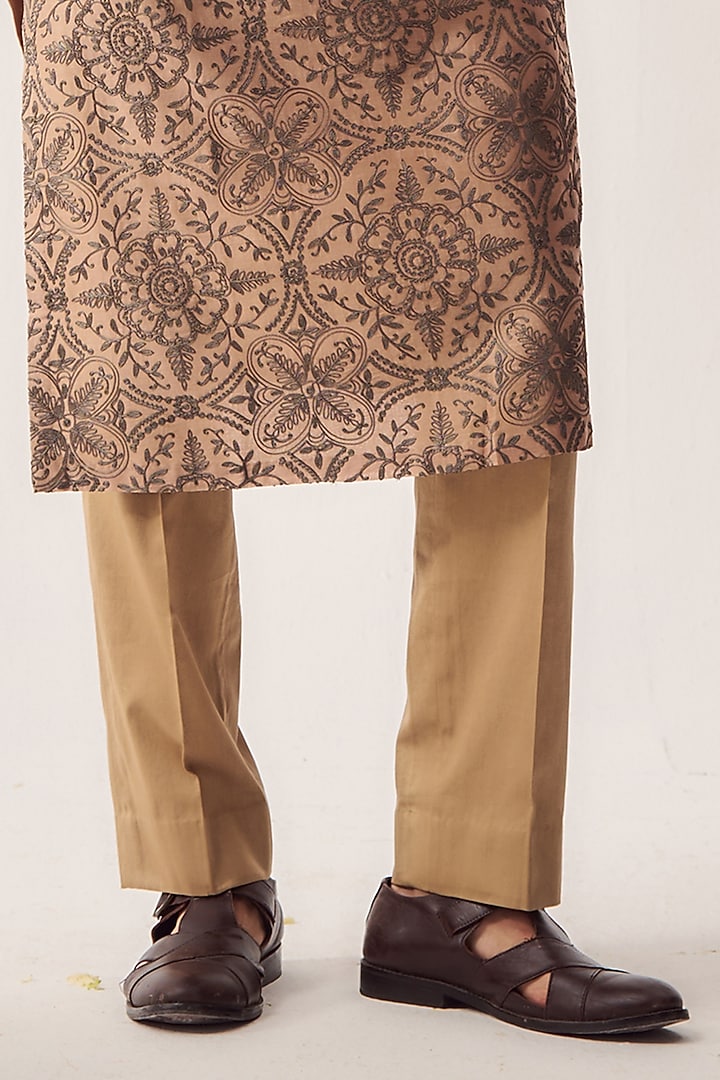 Hazelnut-Colored Chanderi Aari Embroidered Handloom Kurta Set by Wabi Sabi Men at Pernia's Pop Up Shop