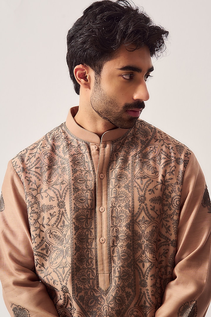 Hazelnut-Colored Chanderi Aari Embroidered Handloom Kurta Set by Wabi Sabi Men at Pernia's Pop Up Shop
