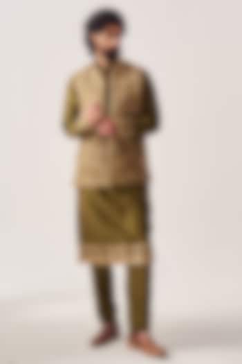 Dark Olive Chanderi Zari Embroidered Bundi Jacket Set by Wabi Sabi Men at Pernia's Pop Up Shop