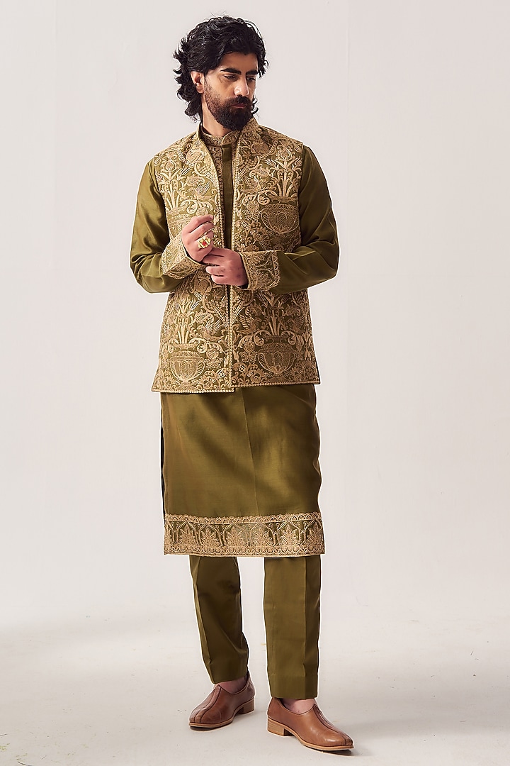 Dark Olive Chanderi Zari Embroidered Bundi Jacket Set by Wabi Sabi Men at Pernia's Pop Up Shop
