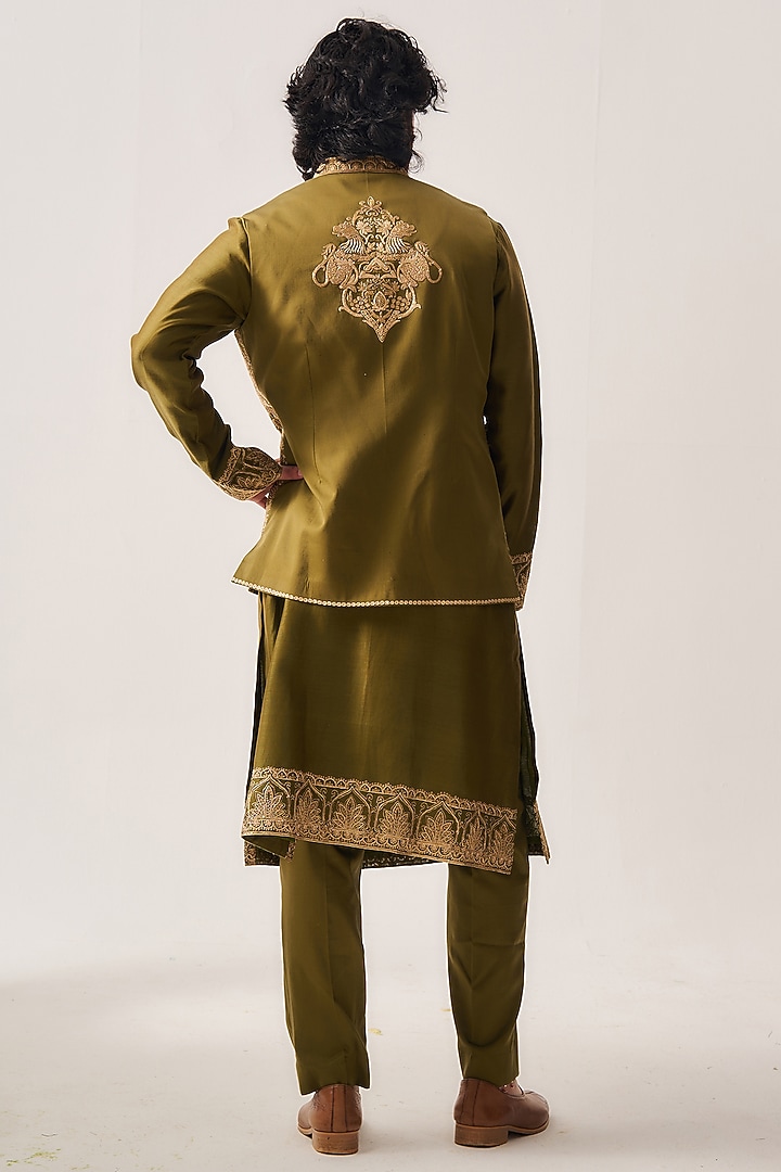 Dark Olive Chanderi Zari Embroidered Bundi Jacket Set by Wabi Sabi Men at Pernia's Pop Up Shop