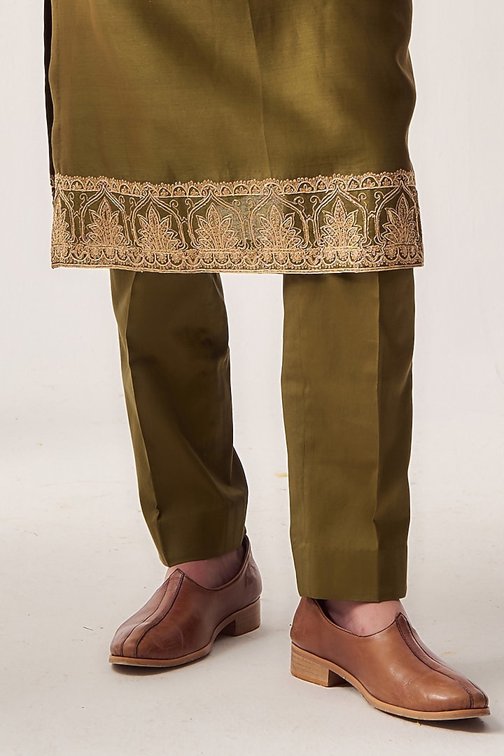 Dark Olive Chanderi Zari Embroidered Bundi Jacket Set by Wabi Sabi Men at Pernia's Pop Up Shop
