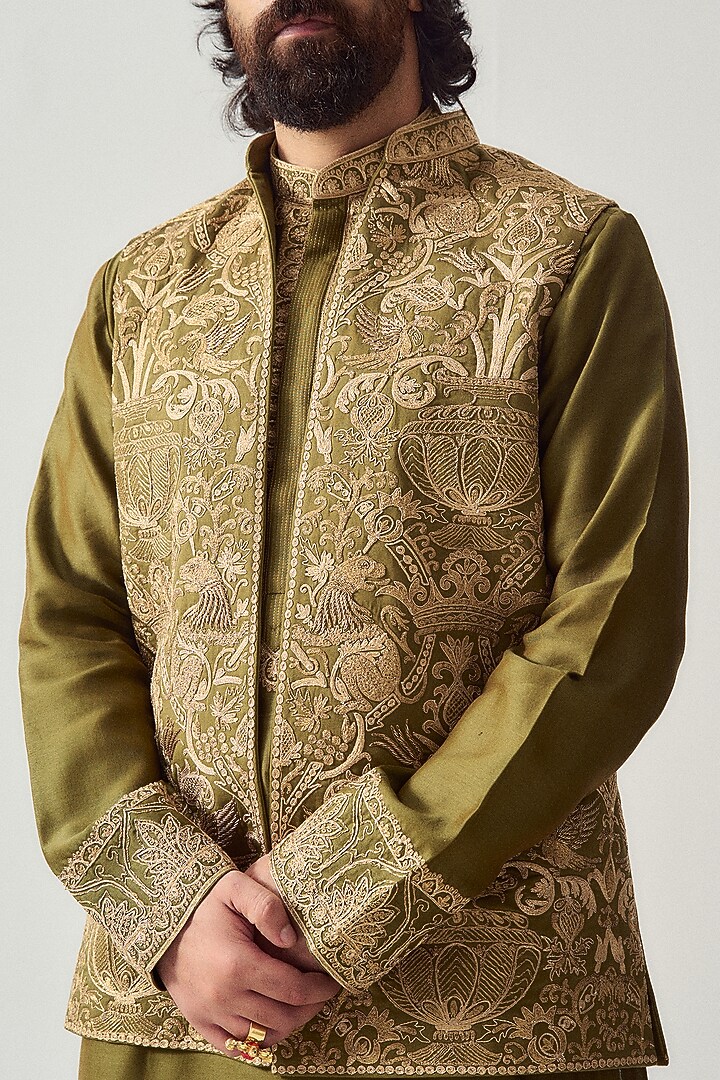 Dark Olive Chanderi Zari Embroidered Bundi Jacket Set by Wabi Sabi Men at Pernia's Pop Up Shop