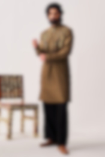 Olive Brown Chanderi Resham Embroidered Handloom Kurta Set by Wabi Sabi Men at Pernia's Pop Up Shop