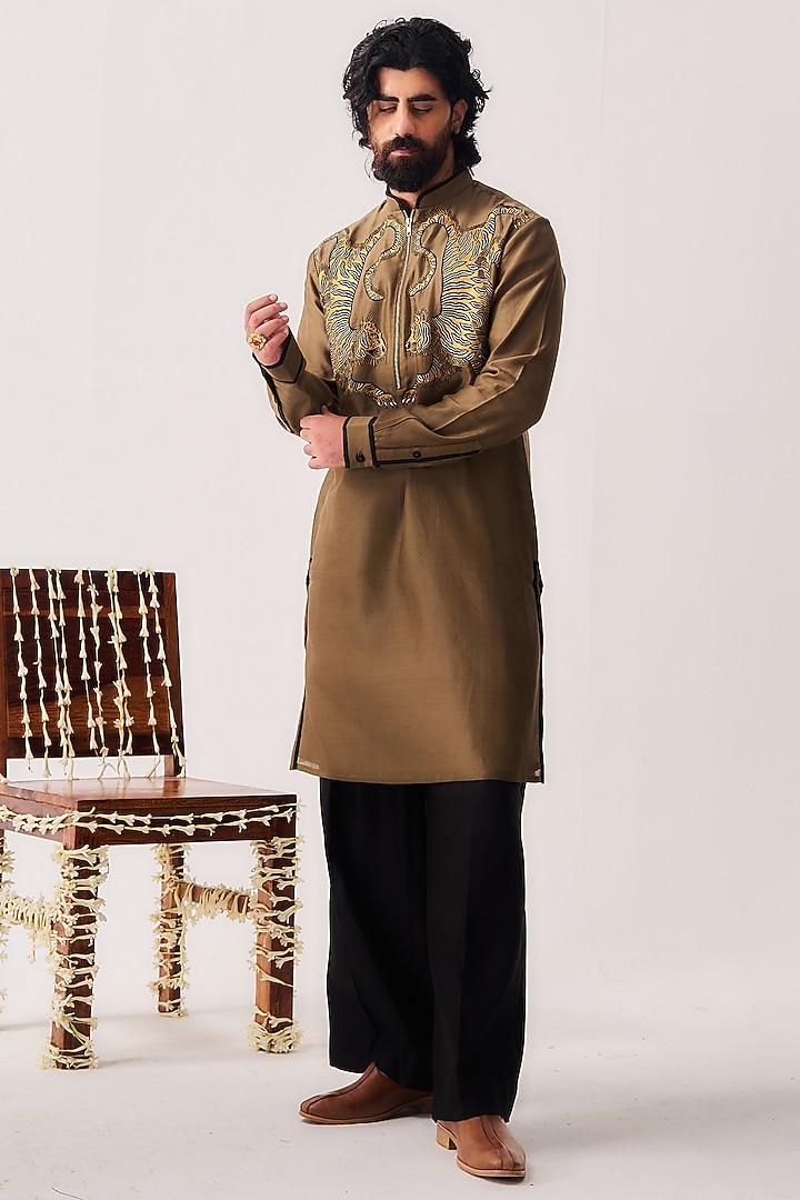 Olive Brown Chanderi Resham Embroidered Handloom Kurta Set by Wabi Sabi Men at Pernia's Pop Up Shop