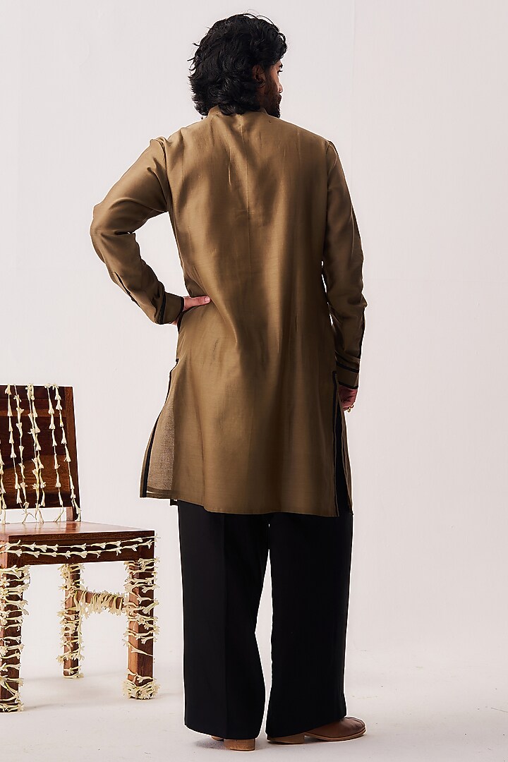 Olive Brown Chanderi Resham Embroidered Handloom Kurta Set by Wabi Sabi Men at Pernia's Pop Up Shop
