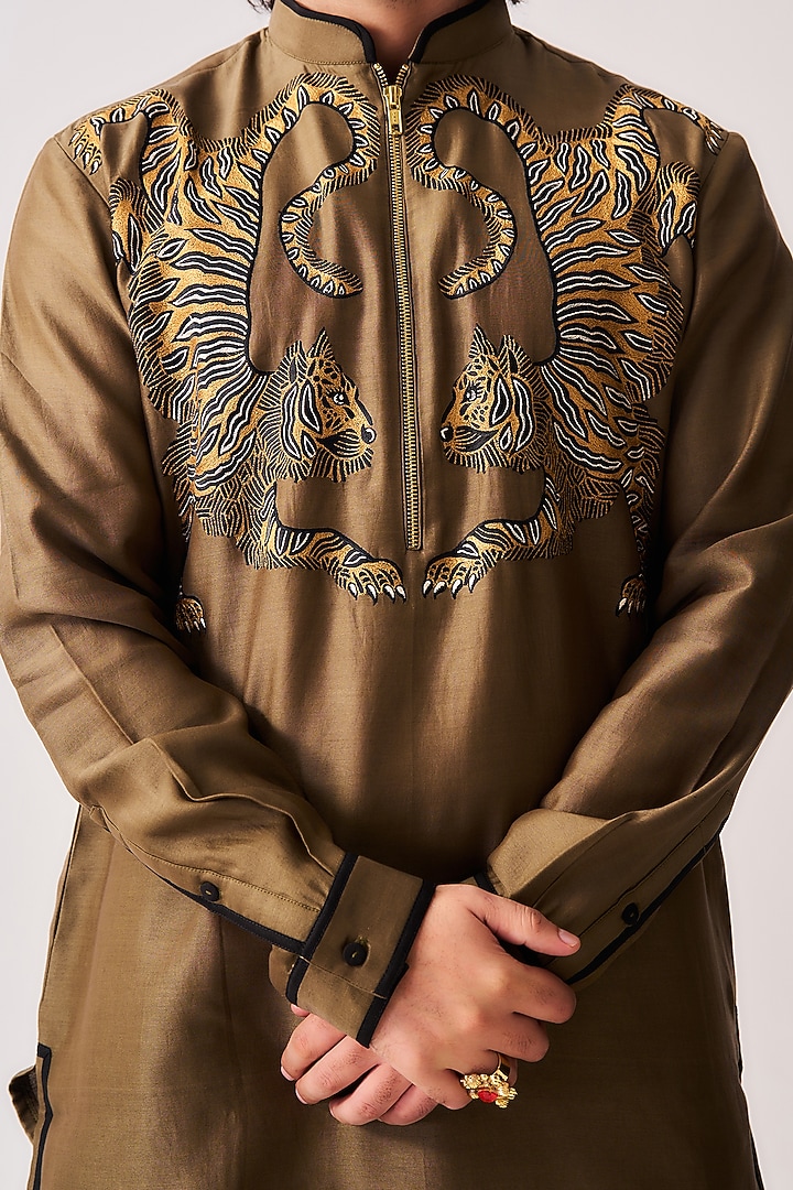 Olive Brown Chanderi Resham Embroidered Handloom Kurta Set by Wabi Sabi Men at Pernia's Pop Up Shop