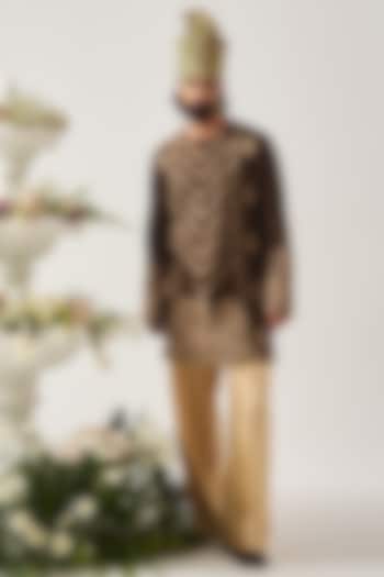 Chocolate Brown Chanderi Marodi Embroidered Handloom Kurta Set by Wabi Sabi Men at Pernia's Pop Up Shop