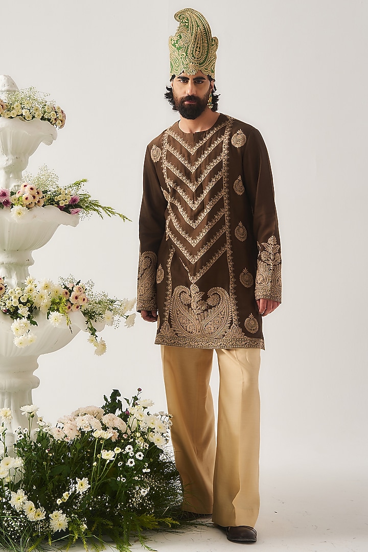 Chocolate Brown Chanderi Marodi Embroidered Handloom Kurta Set by Wabi Sabi Men at Pernia's Pop Up Shop