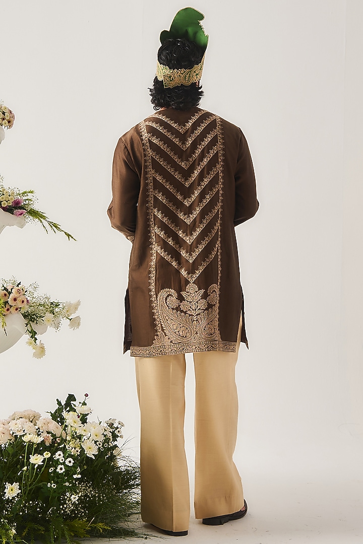 Chocolate Brown Chanderi Marodi Embroidered Handloom Kurta Set by Wabi Sabi Men at Pernia's Pop Up Shop