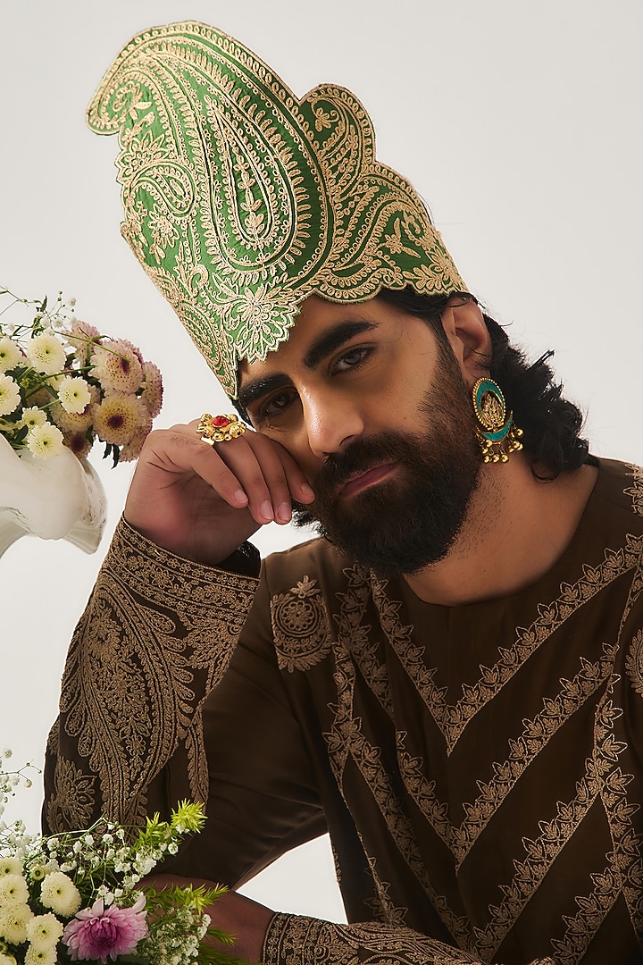 Chocolate Brown Chanderi Marodi Embroidered Handloom Kurta Set by Wabi Sabi Men at Pernia's Pop Up Shop