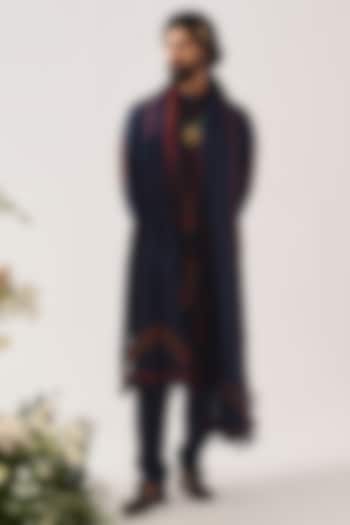 Midnight Blue Chanderi Aari Embroidered Handloom Kurta Set by Wabi Sabi Men at Pernia's Pop Up Shop