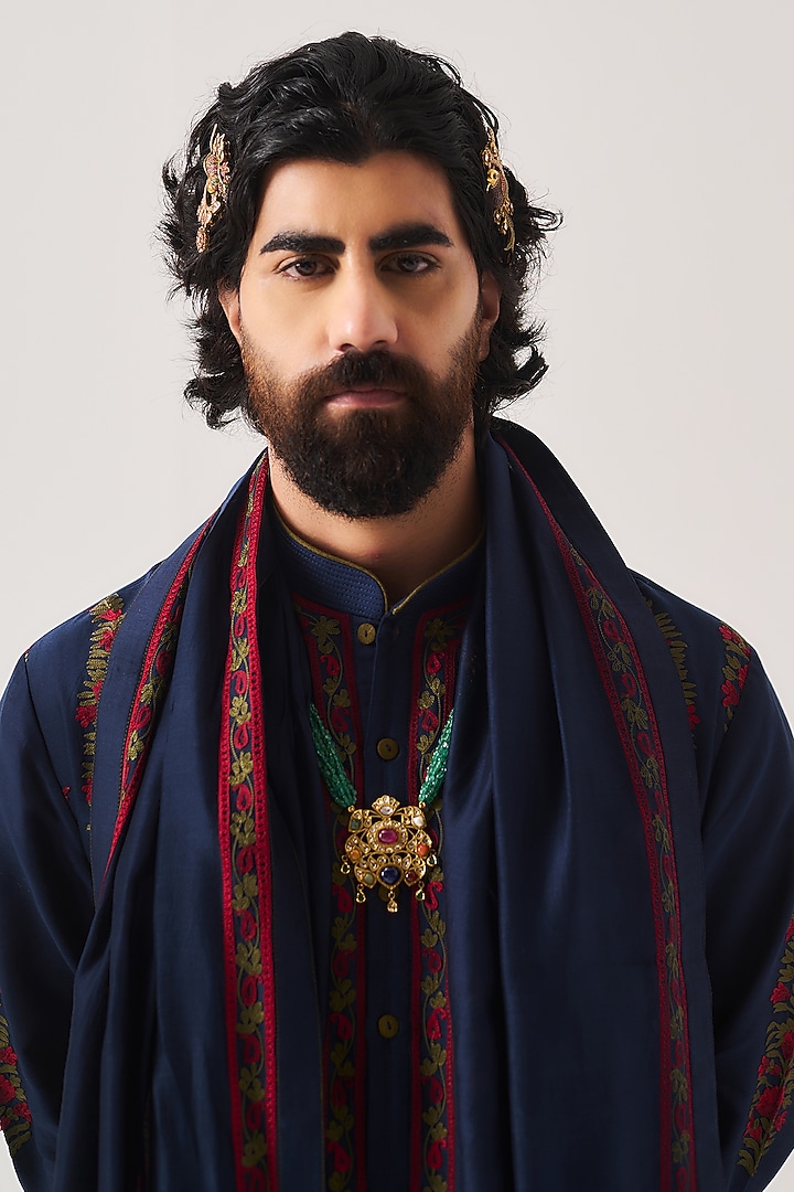 Midnight Blue Chanderi Aari Embroidered Handloom Kurta Set by Wabi Sabi Men at Pernia's Pop Up Shop