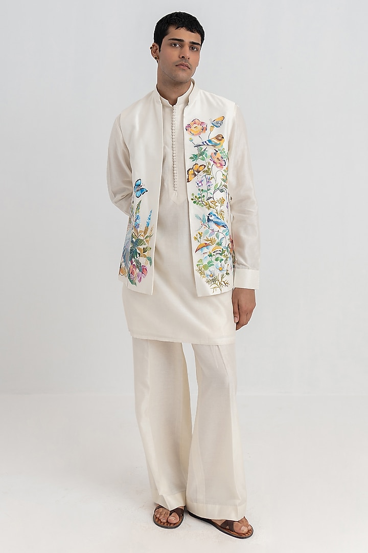 Ivory Handloom Chanderi Handpainted Open Bundi Jacket Set by Wabi Sabi Men at Pernia's Pop Up Shop