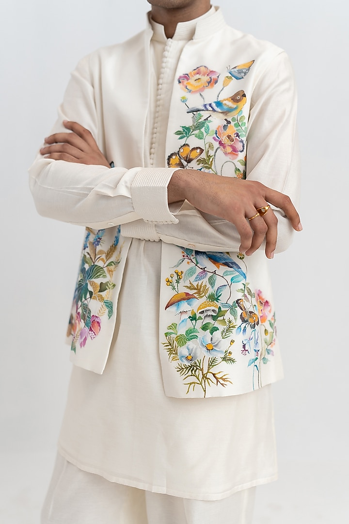Ivory Handloom Chanderi Handpainted Open Bundi Jacket Set by Wabi Sabi Men at Pernia's Pop Up Shop