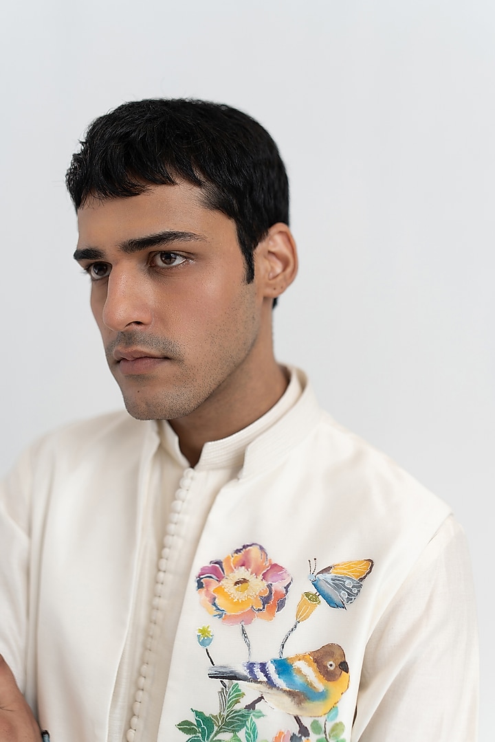 Ivory Handloom Chanderi Handpainted Open Bundi Jacket Set by Wabi Sabi Men at Pernia's Pop Up Shop