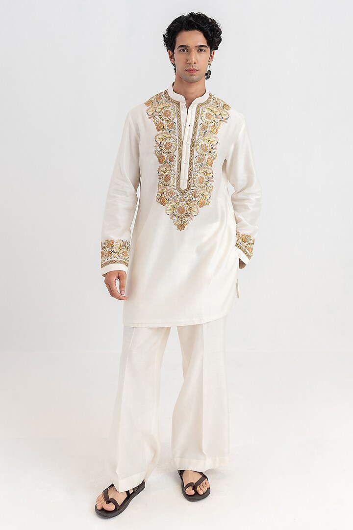 Ivory Handloom Chanderi Resham Embroidered Short Kurta Set by Wabi Sabi Men at Pernia's Pop Up Shop