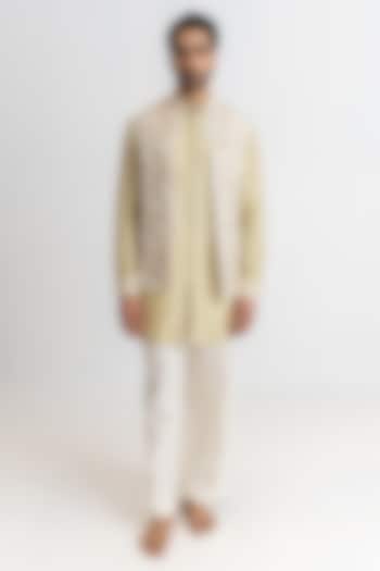 Pale Pistachio Organza Silk Resham Embroidered Open Bundi Jacket Set by Wabi Sabi Men at Pernia's Pop Up Shop