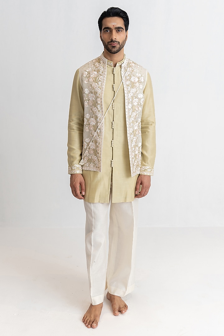 Pale Pistachio Organza Silk Resham Embroidered Open Bundi Jacket Set by Wabi Sabi Men at Pernia's Pop Up Shop