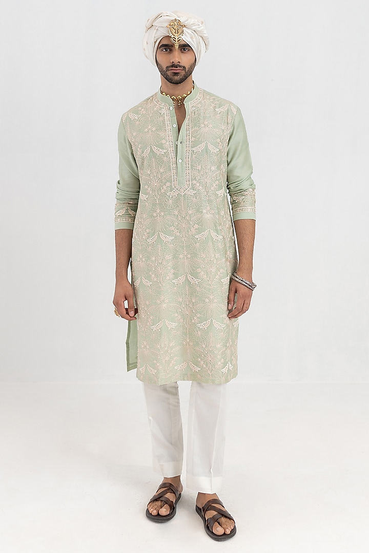 Mint Handloom Chanderi Aari Embroidered Kurta Set by Wabi Sabi Men at Pernia's Pop Up Shop