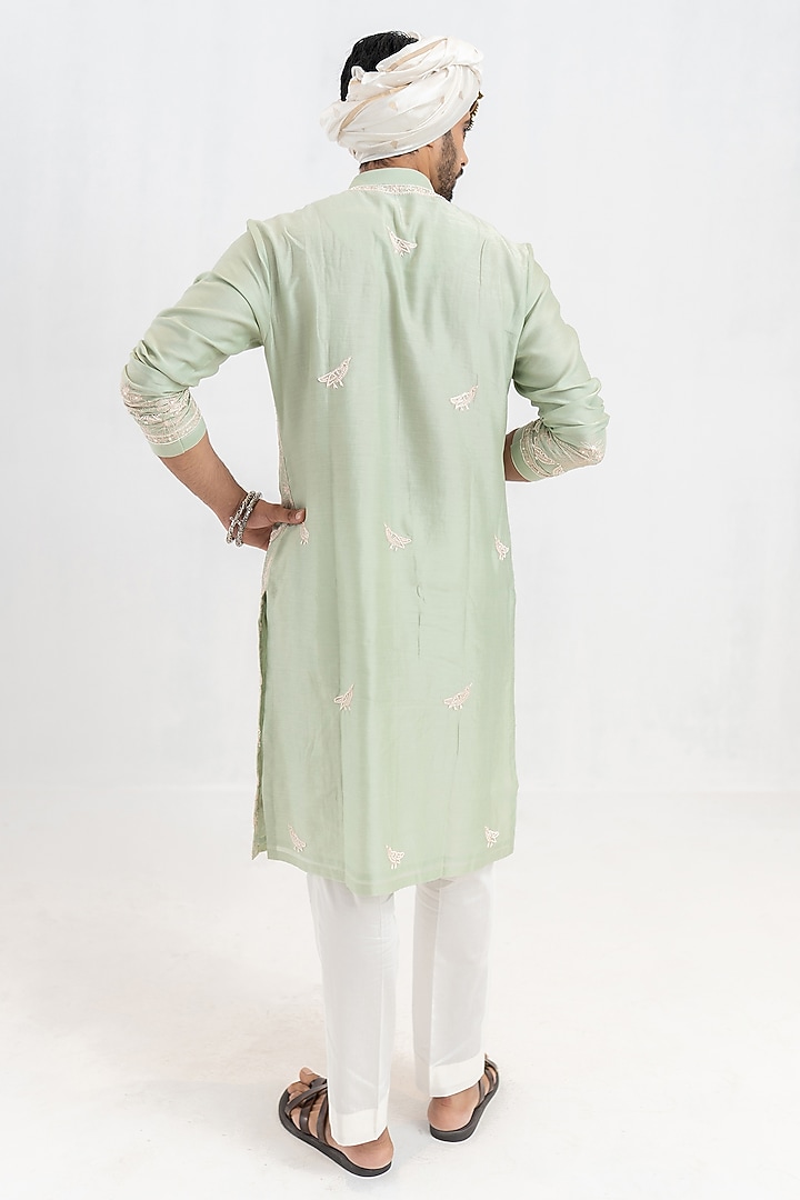 Mint Handloom Chanderi Aari Embroidered Kurta Set by Wabi Sabi Men at Pernia's Pop Up Shop