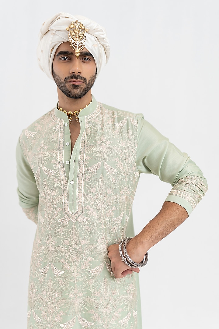 Mint Handloom Chanderi Aari Embroidered Kurta Set by Wabi Sabi Men at Pernia's Pop Up Shop