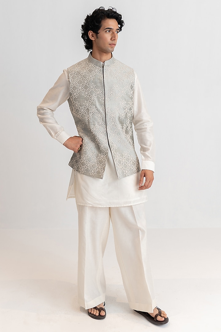 Pearl Grey Raw Silk Hand Embroidered Bundi Jacket Set by Wabi Sabi Men at Pernia's Pop Up Shop