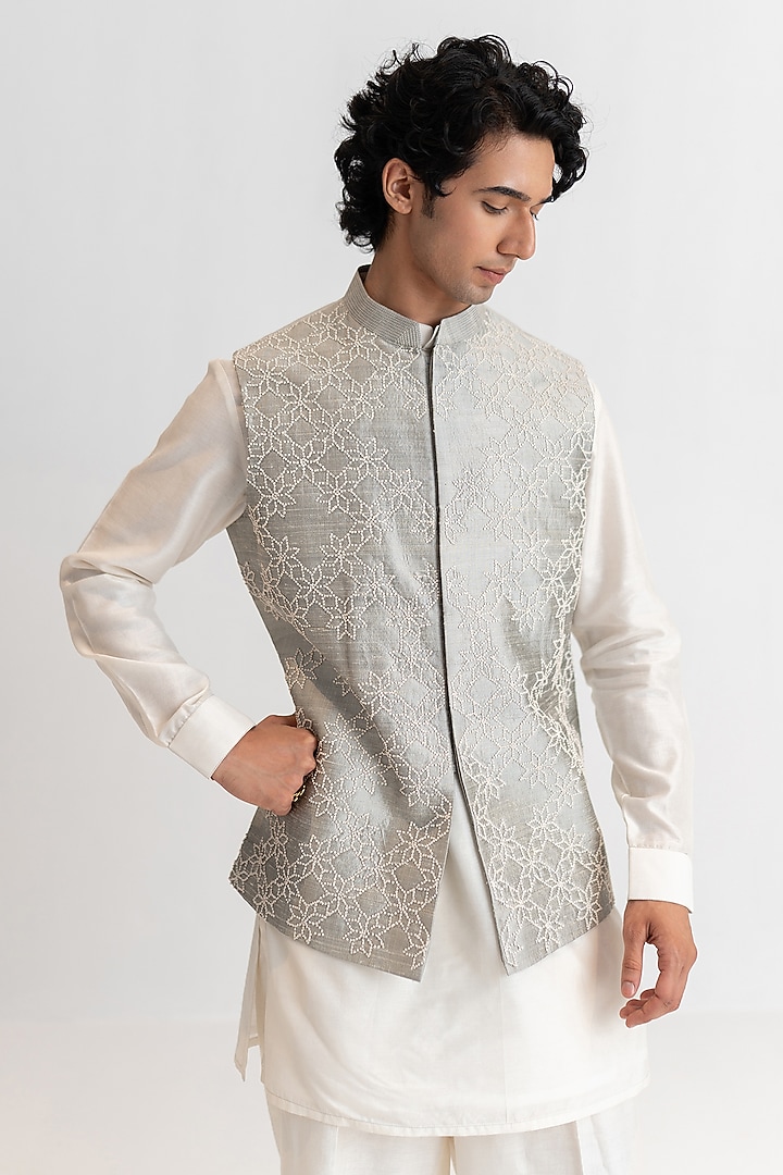 Pearl Grey Raw Silk Hand Embroidered Bundi Jacket Set by Wabi Sabi Men at Pernia's Pop Up Shop
