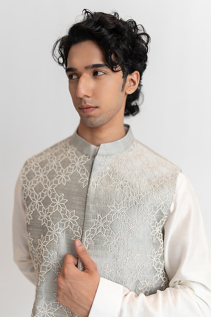 Pearl Grey Raw Silk Hand Embroidered Bundi Jacket Set by Wabi Sabi Men at Pernia's Pop Up Shop