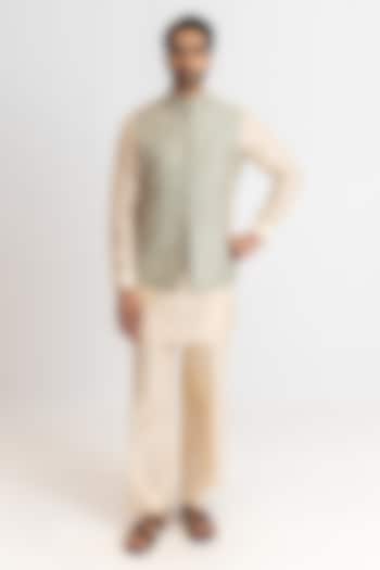 Dusty Sage Raw Silk Hand Embroidered Bundi Jacket Set by Wabi Sabi Men at Pernia's Pop Up Shop