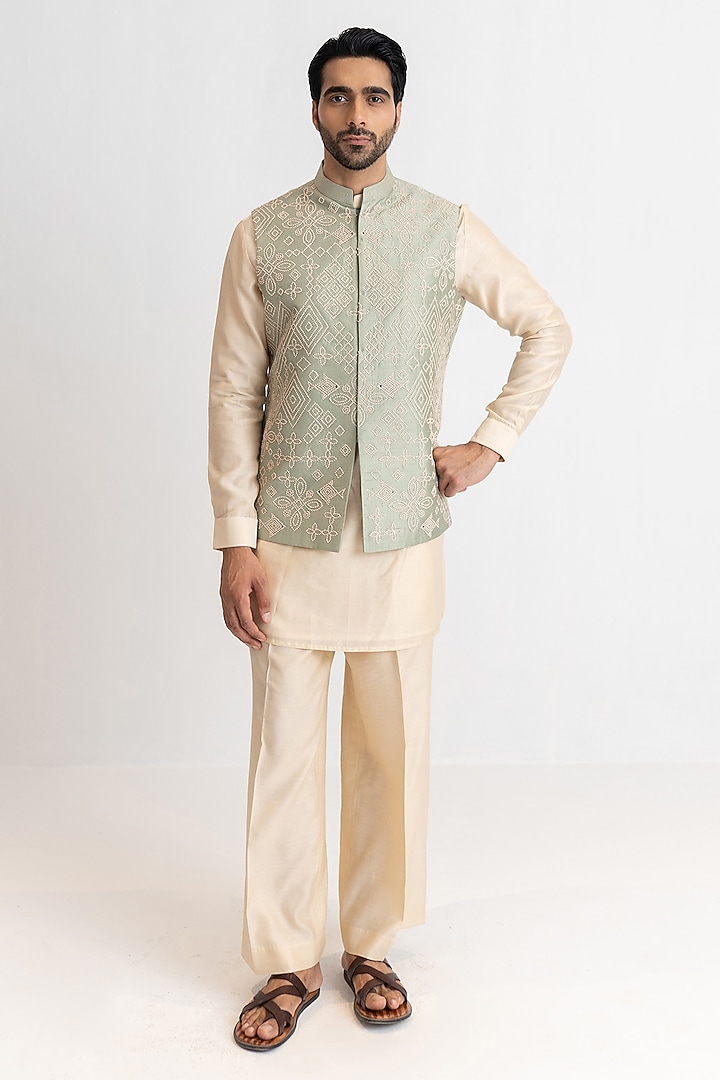 Dusty Sage Raw Silk Hand Embroidered Bundi Jacket Set by Wabi Sabi Men at Pernia's Pop Up Shop