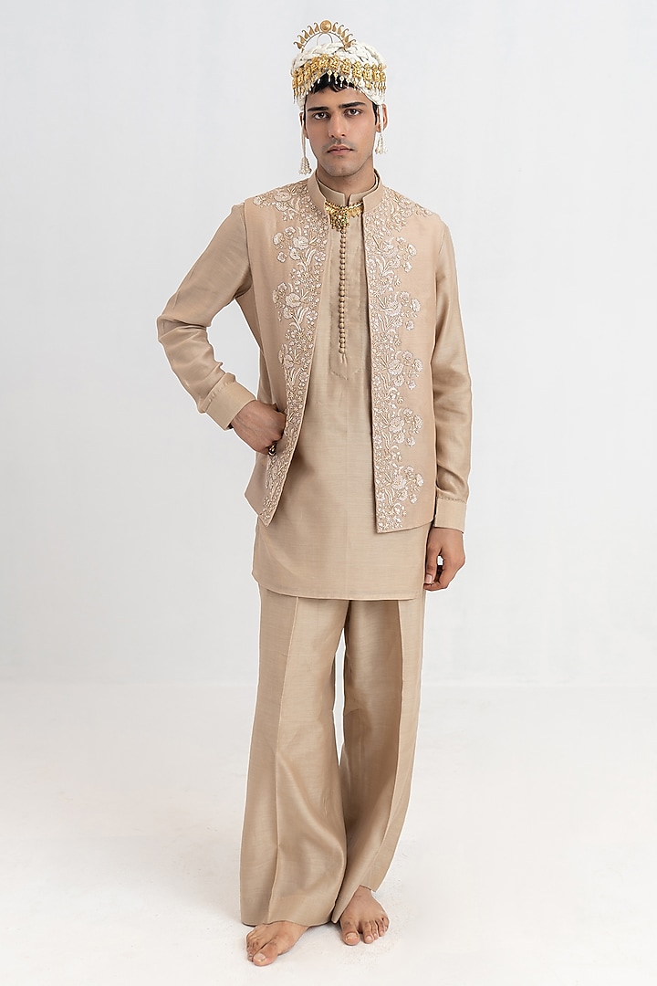 Neutral Beige Raw Silk Hand Embroidered Bundi Jacket Set by Wabi Sabi Men at Pernia's Pop Up Shop