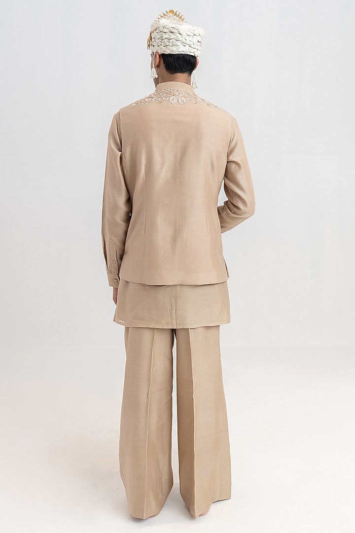 Neutral Beige Raw Silk Hand Embroidered Bundi Jacket Set by Wabi Sabi Men at Pernia's Pop Up Shop