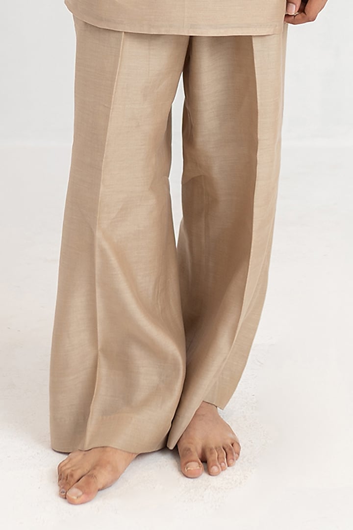 Neutral Beige Raw Silk Hand Embroidered Bundi Jacket Set by Wabi Sabi Men at Pernia's Pop Up Shop