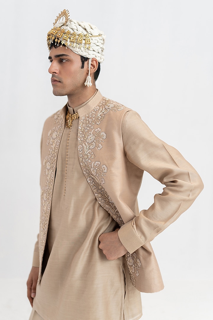Neutral Beige Raw Silk Hand Embroidered Bundi Jacket Set by Wabi Sabi Men at Pernia's Pop Up Shop