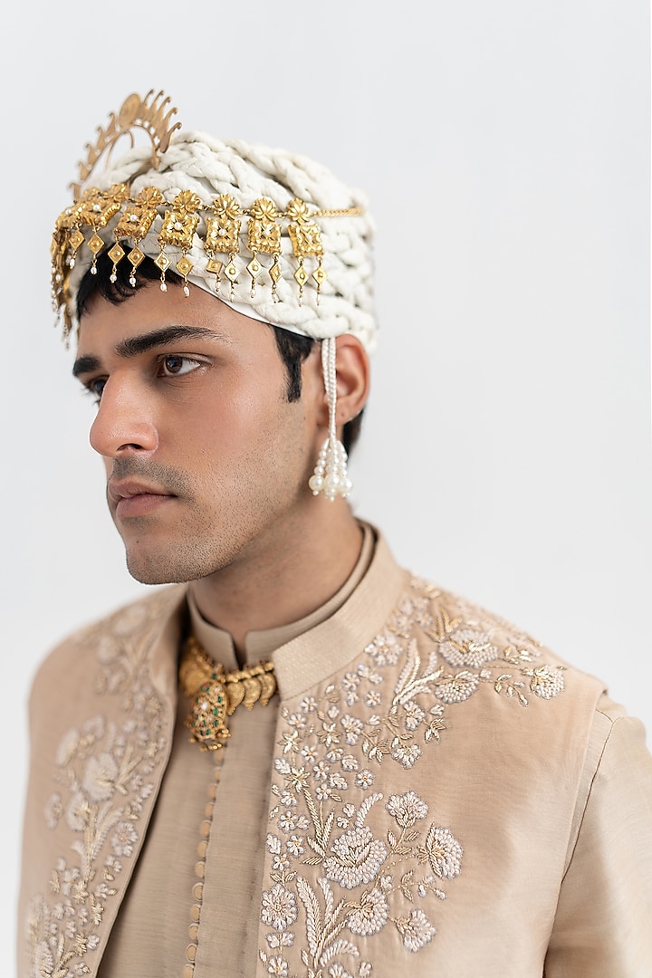 Neutral Beige Raw Silk Hand Embroidered Bundi Jacket Set by Wabi Sabi Men at Pernia's Pop Up Shop