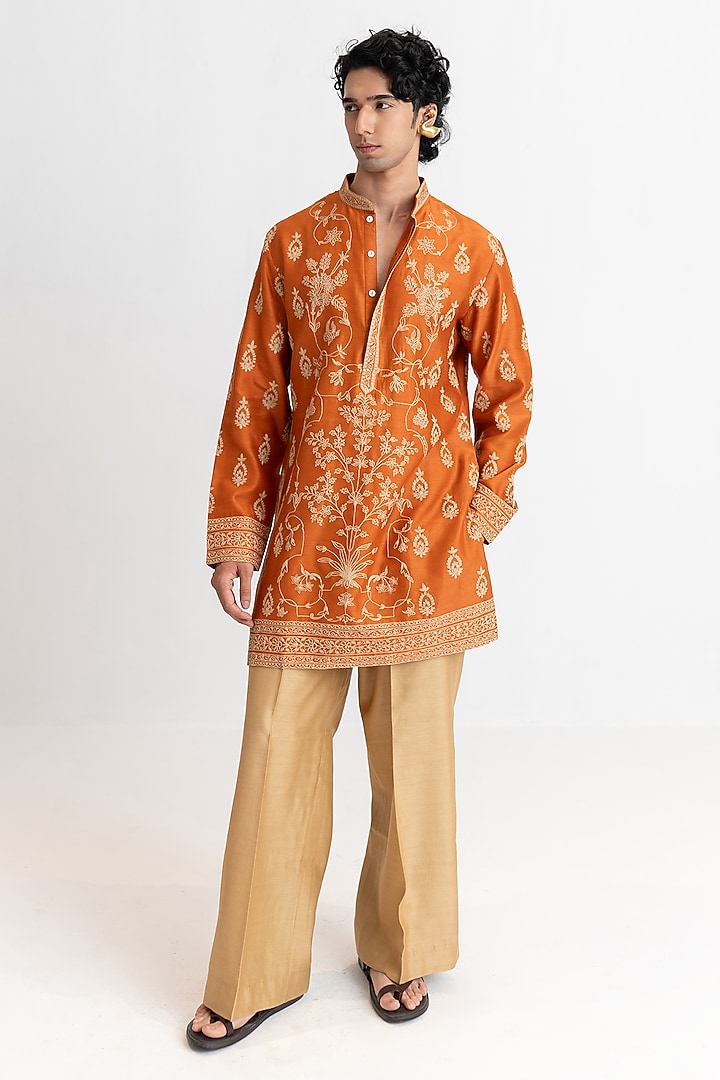 Burnt Orange Handloom Chanderi Dori Embroidered Short Kurta Set by Wabi Sabi Men at Pernia's Pop Up Shop
